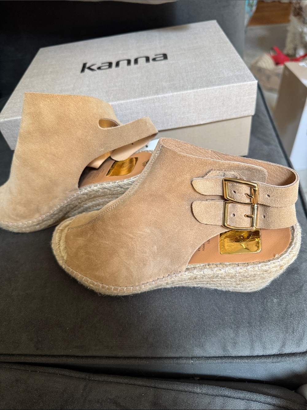 kanna Tan Suede Espadrille Wedge Sandals with Double Buckles